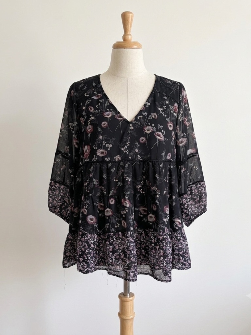 Knox Rose Black Floral Tiered Boho Blouse Top S Tags#BohoChic #Cottagecore
